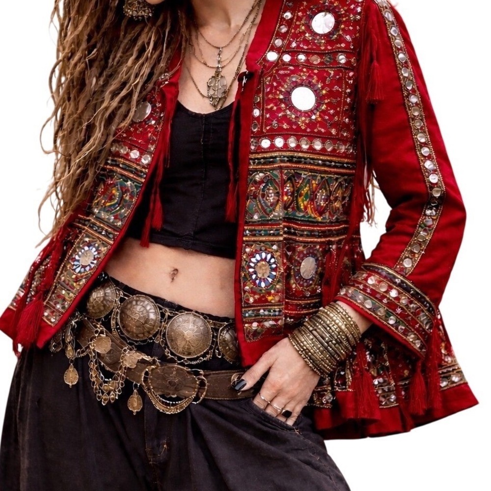 Mirror Jacket  M/L Red Embroidered Boho  Festival Cropped Flared Coachella